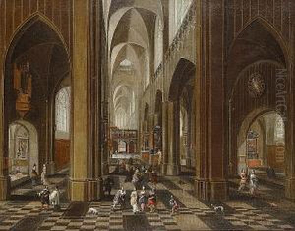 A Church Interior With Figures And Dogs Oil Painting by Peeter, the Elder Neeffs