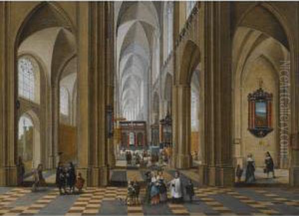 The Interior Of A Gothic 
Cathedral With Elegant Figures Strollingand Others Attending A Mass Oil Painting by Pieter Neefs The Elder, Frans The Younger Francken