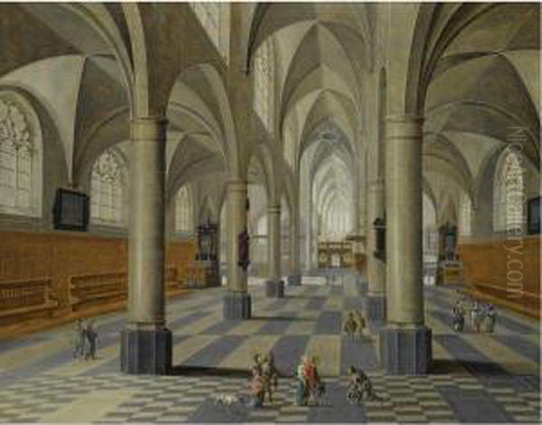 The Interior Of A Cathedral With An Elegant Company Being Greeted By Another Gentleman Oil Painting by Pieter Neefs The Elder, Frans The Younger Francken