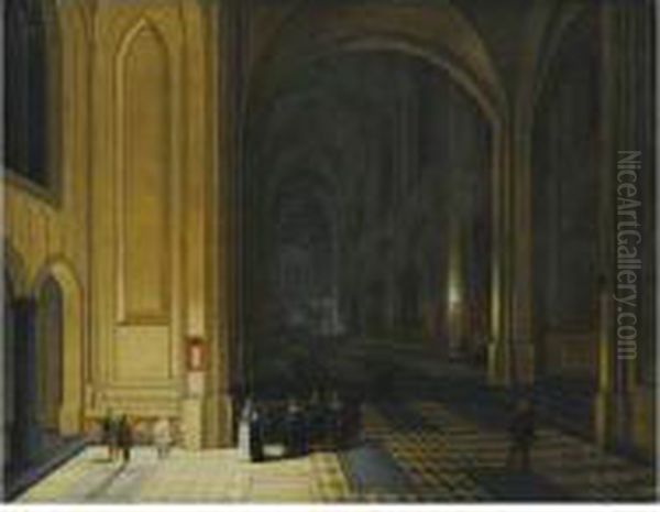 Vue Interieure D'une Eglise La Nuit, Avec Un Groupe De Religieuses Au Premier Plan Oil Painting by Pieter Neefs The Elder, Frans The Younger Francken