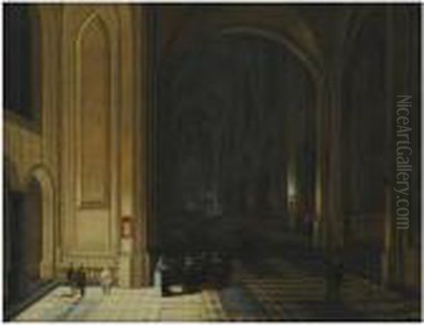 The Interior Of A Church By Night, With Nuns In Theforeground Oil Painting by Pieter Neefs The Elder, Frans The Younger Francken