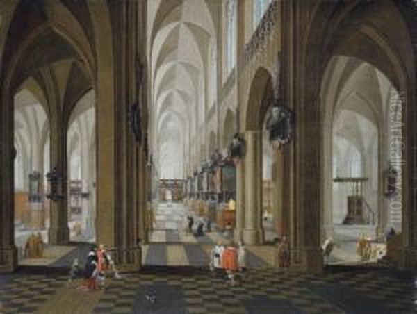 A Church Interior With Elegant Company In The Nave And Aisle Oil Painting by Pieter Neefs The Elder, Frans The Younger Francken