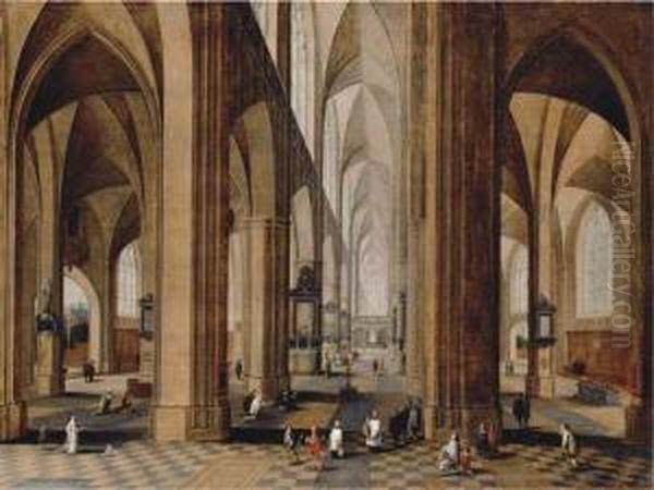 The Interior Of A Gothic Cathedral Oil Painting by Pieter Neefs The Elder, Frans The Younger Francken