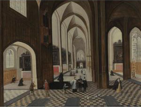 Interior Of A Gothic Cathedral With Figures And Dogs Oil Painting by Pieter Neefs The Elder, Frans The Younger Francken