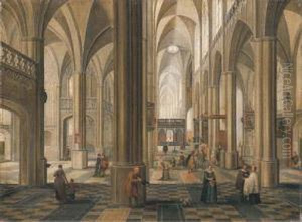 The Interior Of A Cathedral With Elegant Company, A Service Inprogress In A Side Altar Oil Painting by Pieter Neefs The Elder, Frans The Younger Francken