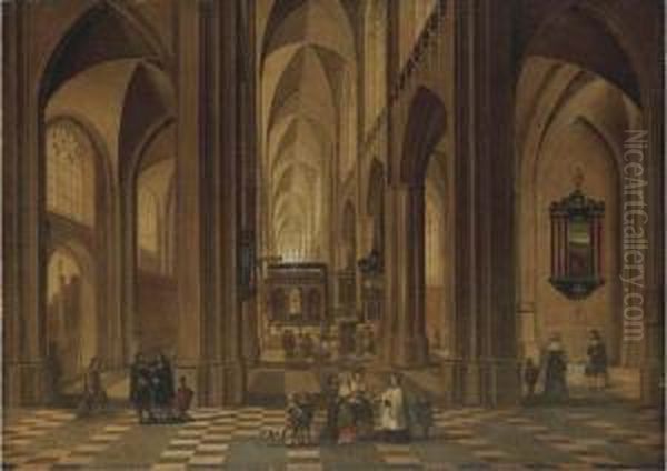 The Interior Of A Cathedral With Elegant Company Oil Painting by Pieter Neefs The Elder, Frans The Younger Francken