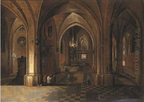 The Interior Of A Gothic Cathedral By Night Oil Painting by Pieter Neefs The Elder, Frans The Younger Francken