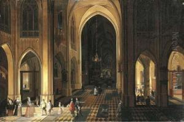 The Interior Of A Gothic Church With Figures At Night Oil Painting by Pieter Neefs The Elder, Frans The Younger Francken