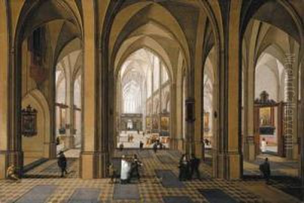 The Interior Of A Gothic Church With Elegant Company Oil Painting by Pieter Neefs The Elder, Frans The Younger Francken