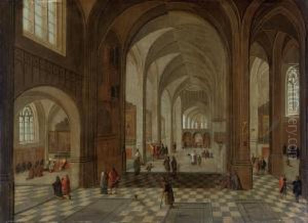 An Interior Of A Gothic Church With Elegant Figuresconversing Oil Painting by Pieter Ii Neefs