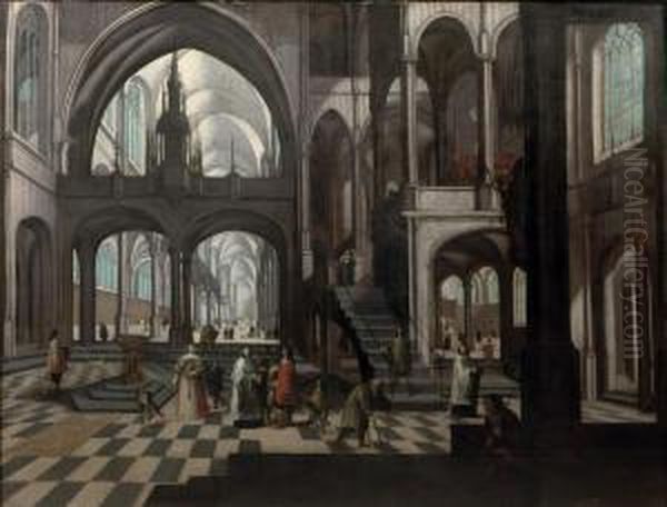 The Interior Of A Gothic Church With Elegant Figuresconversing Oil Painting by Pieter Ii Neefs