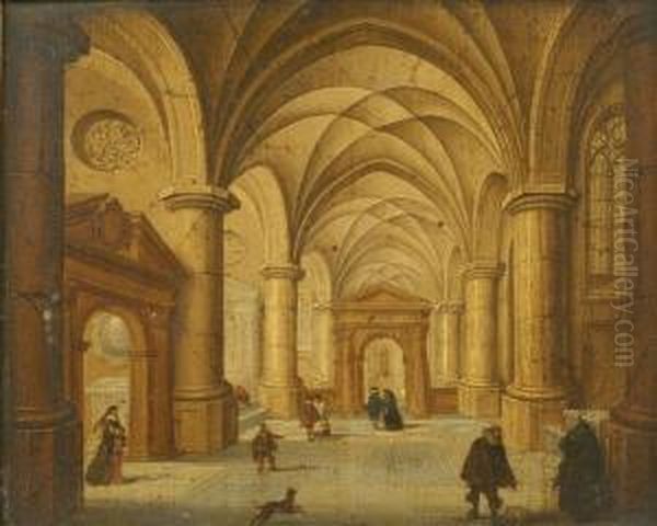 Church Interior With Figures And Dogs Oil Painting by Pieter Ii Neefs