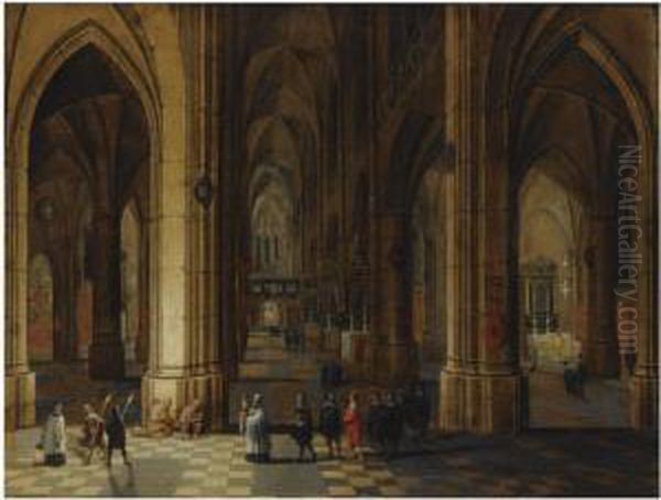 A Church Interior Of The 
Cathedral Of Antwerp With A Procession Inthe Foreground And Beggars 
Seated To The Left Oil Painting by Pieter Ii Neefs