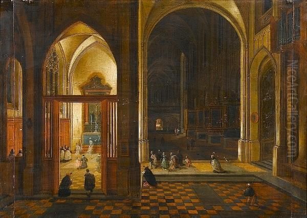 The Interior Of Antwerp Cathedral At Night Oil Painting by Pieter Ii Neefs