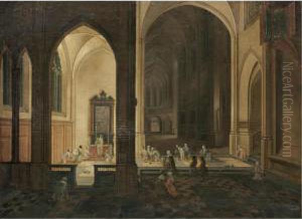 The Interior Of A Gothic Church 
By Night, With A Priest Conducting A Service In A Side Chapel Oil Painting by Pieter Ii Neefs