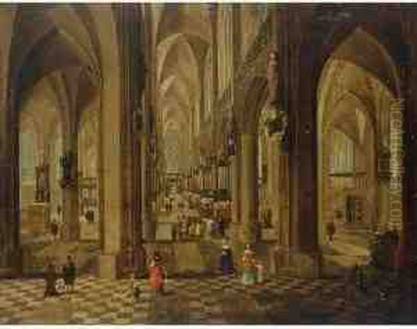 The Onze Lieve Vrouwe Cathedral 
In Antwerp With A Service In The Side Chapel And Elegant Dressed Figures
 To The Foreground Oil Painting by Pieter Ii Neefs