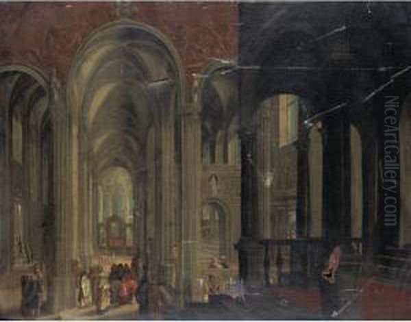 A Church Interior With Christ And The Woman Taken In Adultery Oil Painting by Pieter Ii Neefs