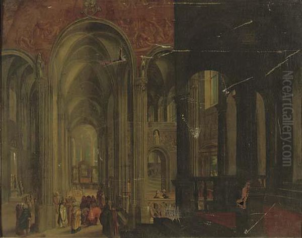 Christ And The Woman Taken In Adultery, In A Gothic Church Interior Oil Painting by Pieter Ii Neefs