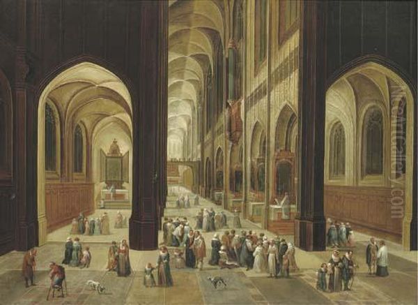 The Interior Of A Gothic Church With Elegant Company Oil Painting by Pieter Ii Neefs