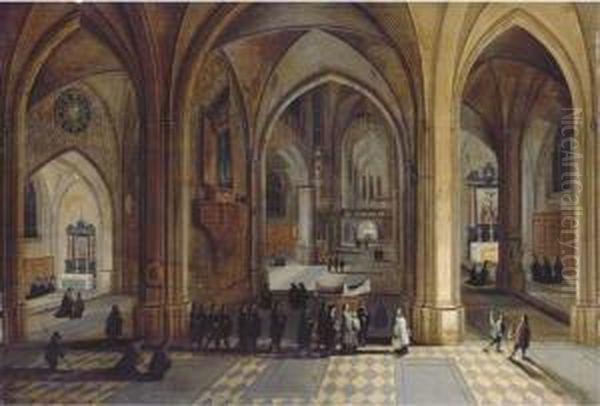 The Interior Of A Gothic Cathedral With A Procession Oil Painting by Pieter Ii Neefs