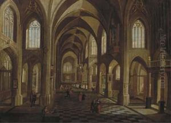 The Interior Of A Cathedral With Elegant Figures, A Procession Beyond Oil Painting by Pieter Ii Neefs