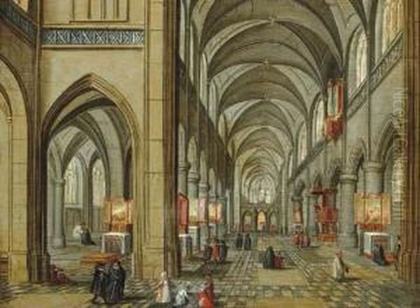 A Church Interior With Figures Oil Painting by Pieter Ii Neefs