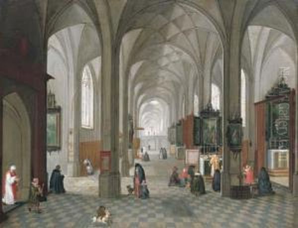 An Interior Of A Catholic Church With A Priest Celebratingmass Oil Painting by Pieter Ii Neefs