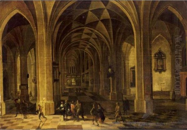 An Elegant Company In A Church Interior At Night Oil Painting by Pieter Ii Neefs