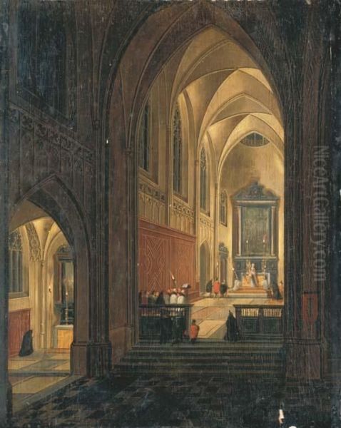 A Nightime Interior Of A Cathedral With A Priest Celebratingmass Oil Painting by Pieter Ii Neefs