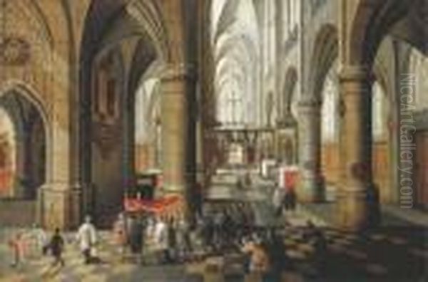 The Interior Of A Gothic Cathedral Oil Painting by Pieter Ii Neefs