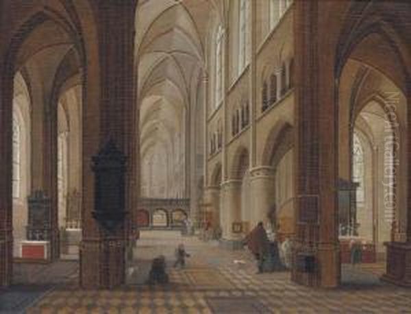 A Church Interior With Elegant Company In The Foreground Oil Painting by Pieter Ii Neefs