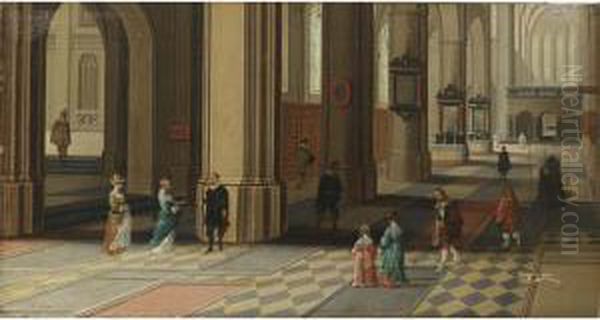 A Church Interior With Elegant Figures And A Dog In The Foreground Oil Painting by Pieter Ii Neefs