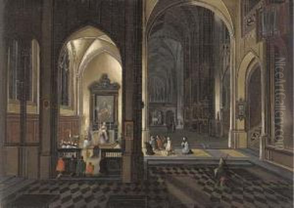 The Interior Of A Gothic Cathedral By Night Oil Painting by Pieter Ii Neefs