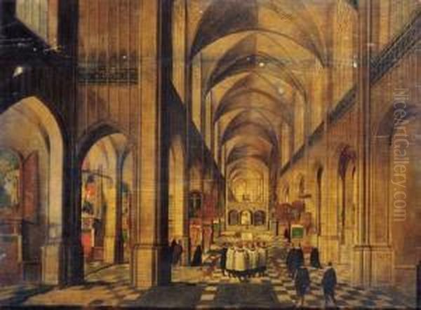 A View In A Gothic Church 
Looking East With A Service Taking Place At An Altar On The Left And A 
Choir Singing In The Nave Oil Painting by Pieter Ii Neefs