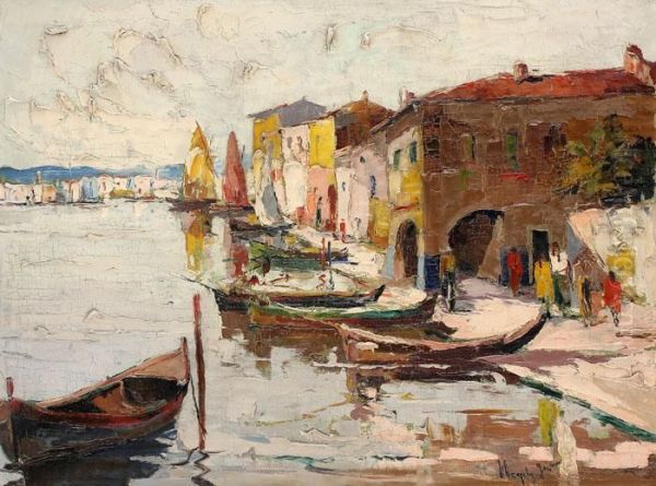 Harbour Oil Painting by Rudolf Negely