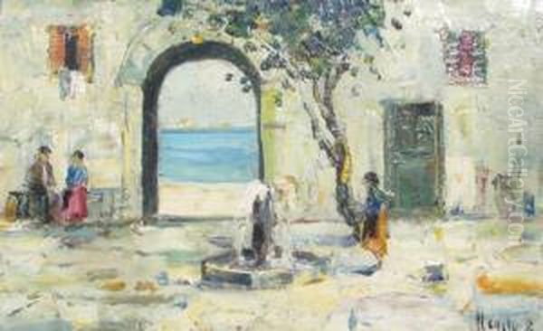 Interior Courtyard Oil Painting by Rudolf Negely