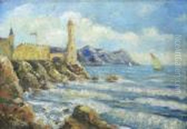 Castle At The Sea Shore Oil Painting by Rudolf Negely