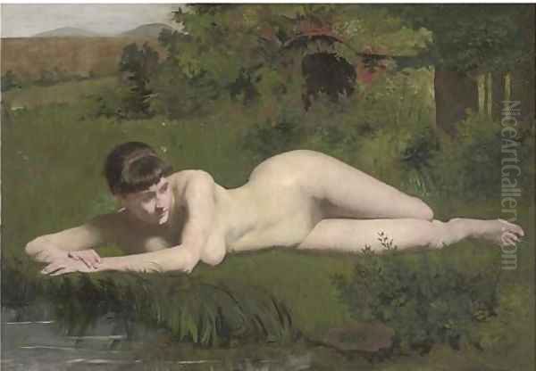 Reclining nude on the riverbank Oil Painting by Frank Duveneck