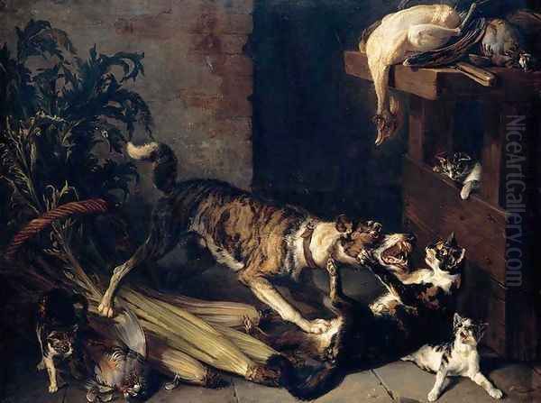 A Dog and a Cat Fighting in a Kitchen Interior 1710 Oil Painting by Alexandre-Francois Desportes