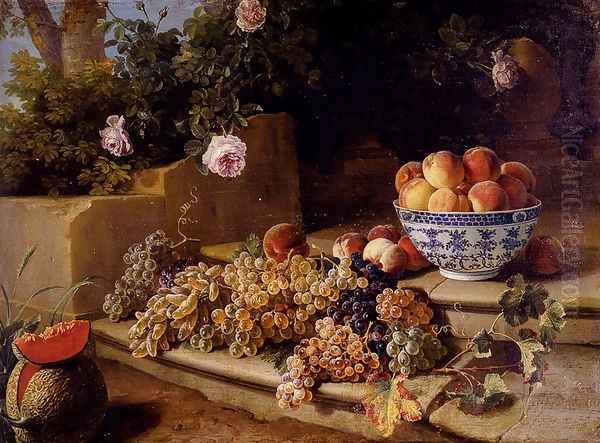 Still Life Of Grapes, Peaches In A Blue And White Porcelain Bowl And A Melon, Resting On A Stone Stairway Oil Painting by Alexandre-Francois Desportes