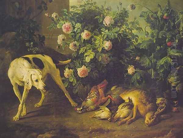 Dog Guarding Game near a Rosebush Oil Painting by Alexandre-Francois Desportes