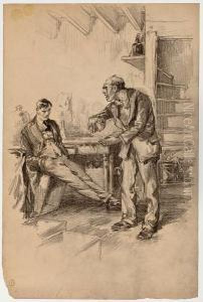 A Man Lectures A Younger Man In The Basement Oil Painting by John Neill