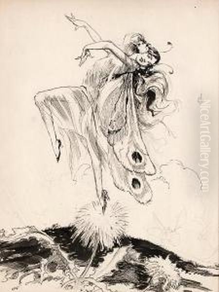 An Unpublished Illustration Of A Fairy On A Dandelion Oil Painting by John Neill