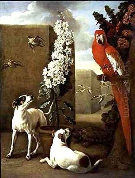 Parrot with Dogs Oil Painting by Alexandre-Francois Desportes