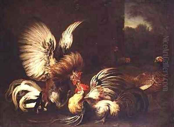 Cocks Fighting in a Farmyard Oil Painting by Alexandre-Francois Desportes