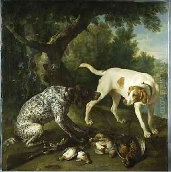 Two pointers belonging to the 3rd Earl of Burlington with dead game in a landscape Oil Painting by Alexandre-Francois Desportes