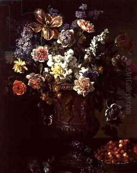 Flowers in a Sculpted Urn with a Bowl of Wild Strawberries and Hare on a Ledge Oil Painting by Alexandre-Francois Desportes