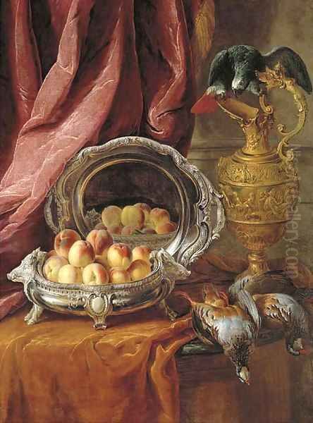 Peaches in a silver-footed bowl, a silver platter, an African Grey parrot perched on a vermeil ewer and game birds on a partly-draped tabletop Oil Painting by Alexandre-Francois Desportes