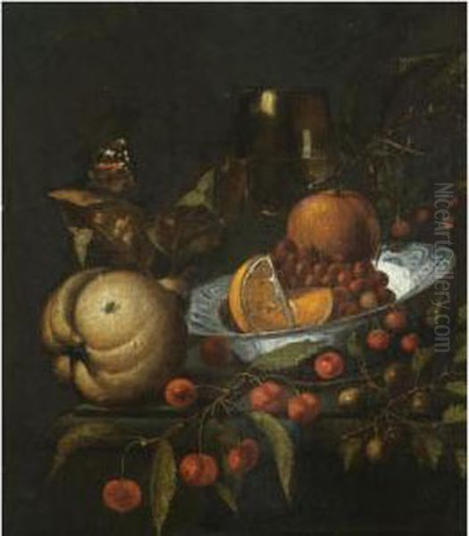 A Still Life With Oranges And 
Wild Strawberries In A Blue And White Porcelain Bowl, Together With 
Gooseberries, Cherries, A Roemer Of Wine, A Pear And A Butterfly On A 
Stone Ledge Oil Painting by Marten Nellius