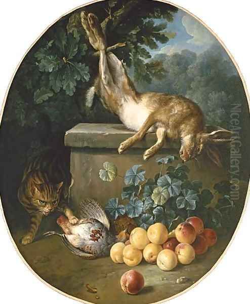 Still life with game and peaches with a cat stalking from behind a stone ledge Oil Painting by Alexandre-Francois Desportes